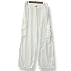 HG Pants L White Linen Blend High Rise Wide Leg Cargo Coastal Beach Resort